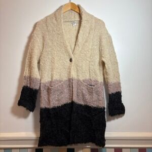 Hoss Intropia‎ Mohair Alpaca Wool Cardigan XS Ivory Colorblock Long Knit Fuzzy